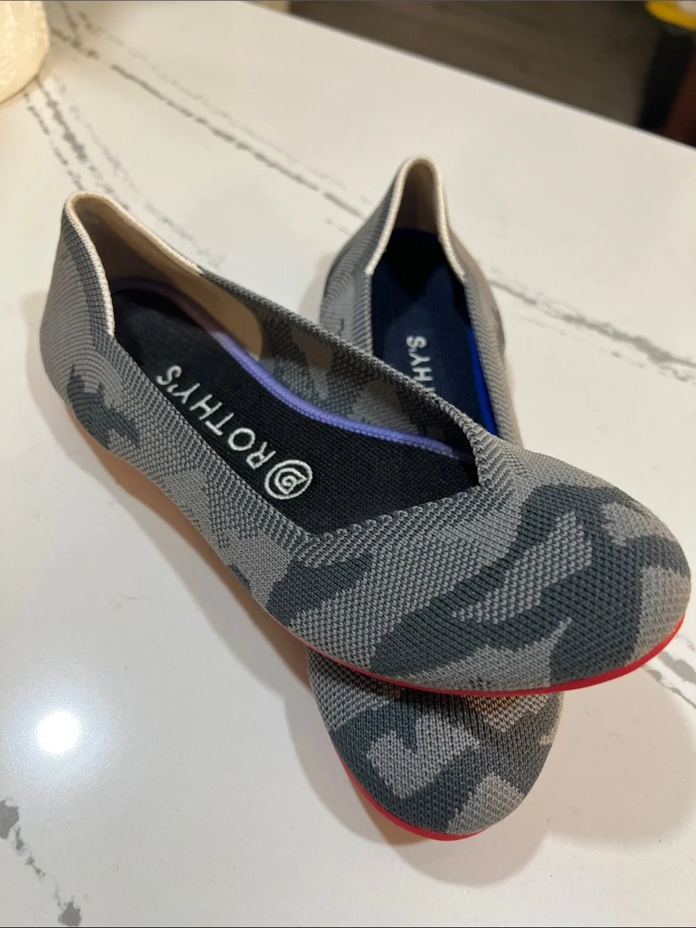 Rothy's Gray Camouflage Slip-On Ballet Flats with Red Sole size 7